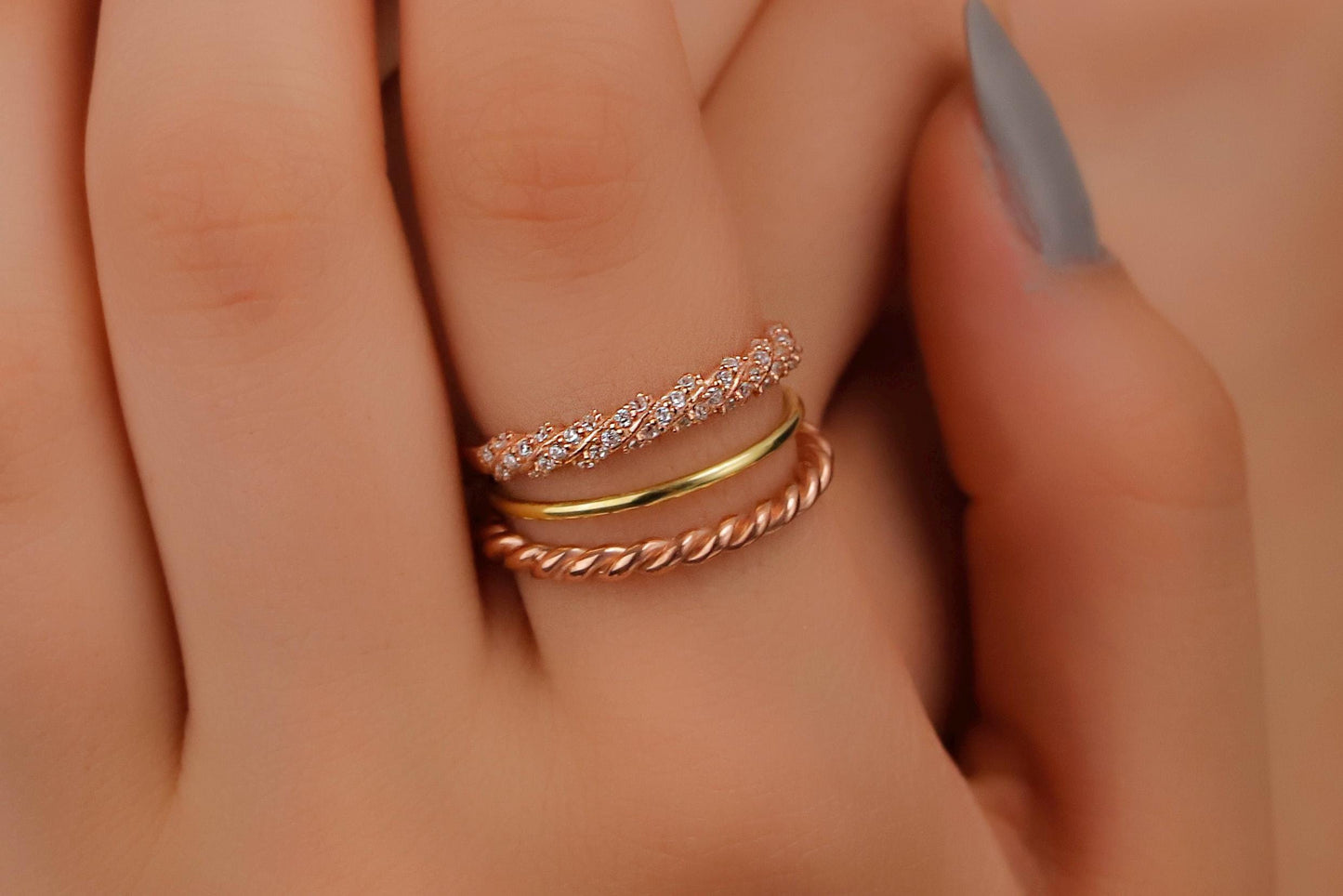 Pinky Twist Rings, Diamond Ring Set of 3, Gold Band Ring, Rose Gold Double Twist Ring, Rope Ring, Stackable Ring Set - silvergoldandrose