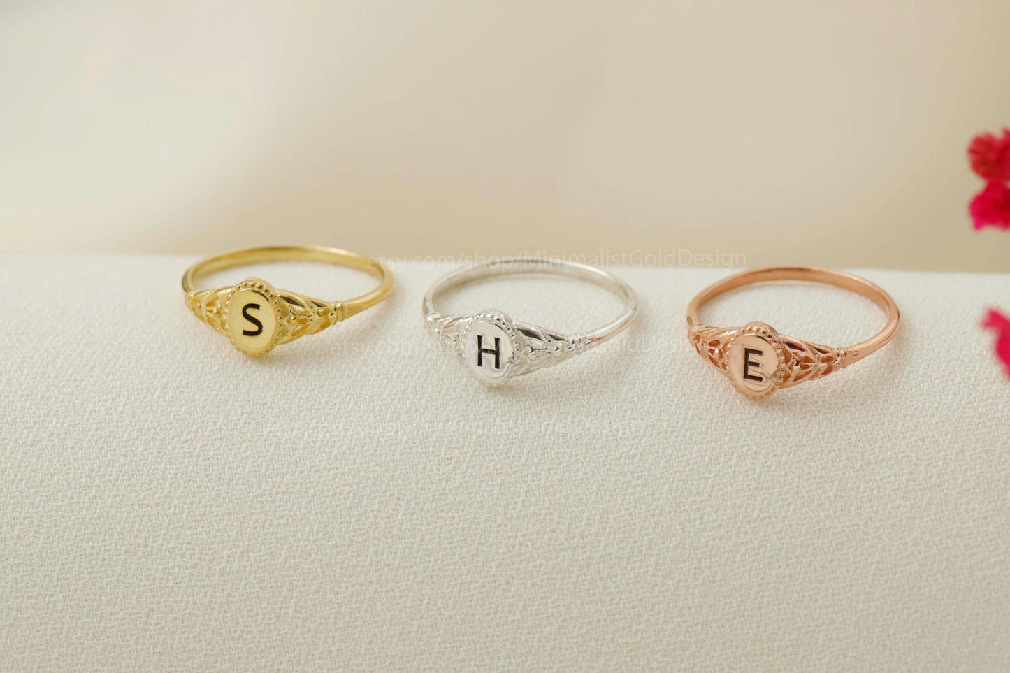 GoldLuxe Custom Initial Pinky Ring - 18K Gold Filled Vintage Design, Personalized Letter in 925 Sterling Silver