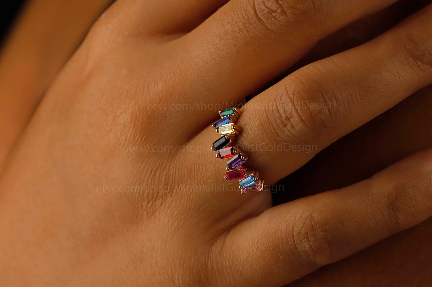Dainty Baguette Multicolor Ring, 18K Gold Filled Rainbow Stone Ring, Handmade Gemstones Ring, Baguette Cut Gemstones, Gift for Her
