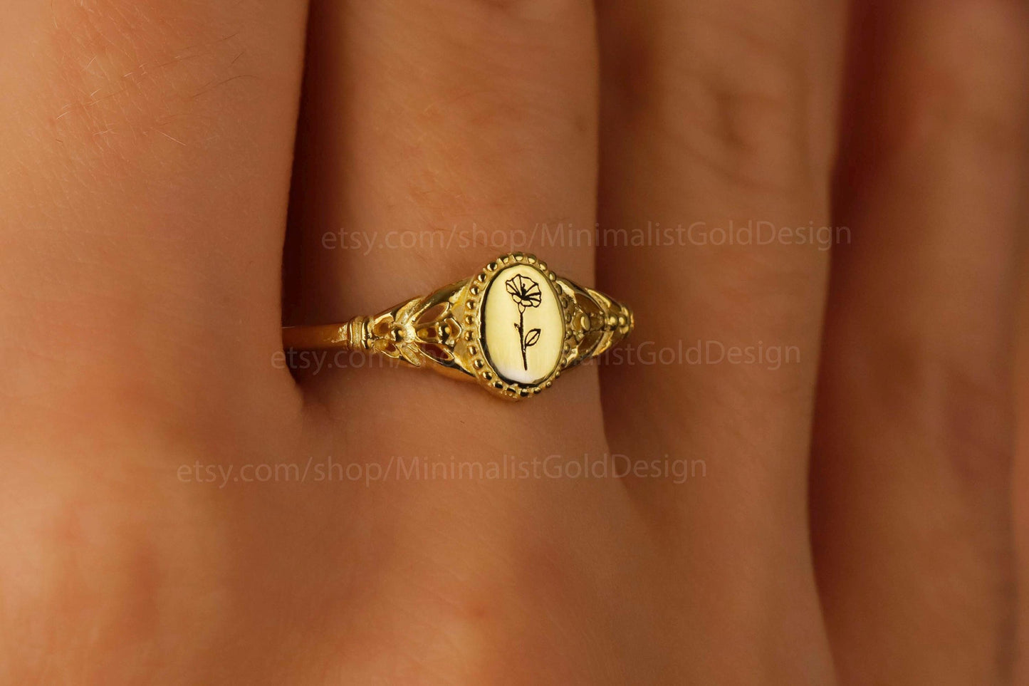 Brand Name Floral Signet Ring - Personalized 18K Gold Filled Birth Flower Ring for Stackable Vintage Style