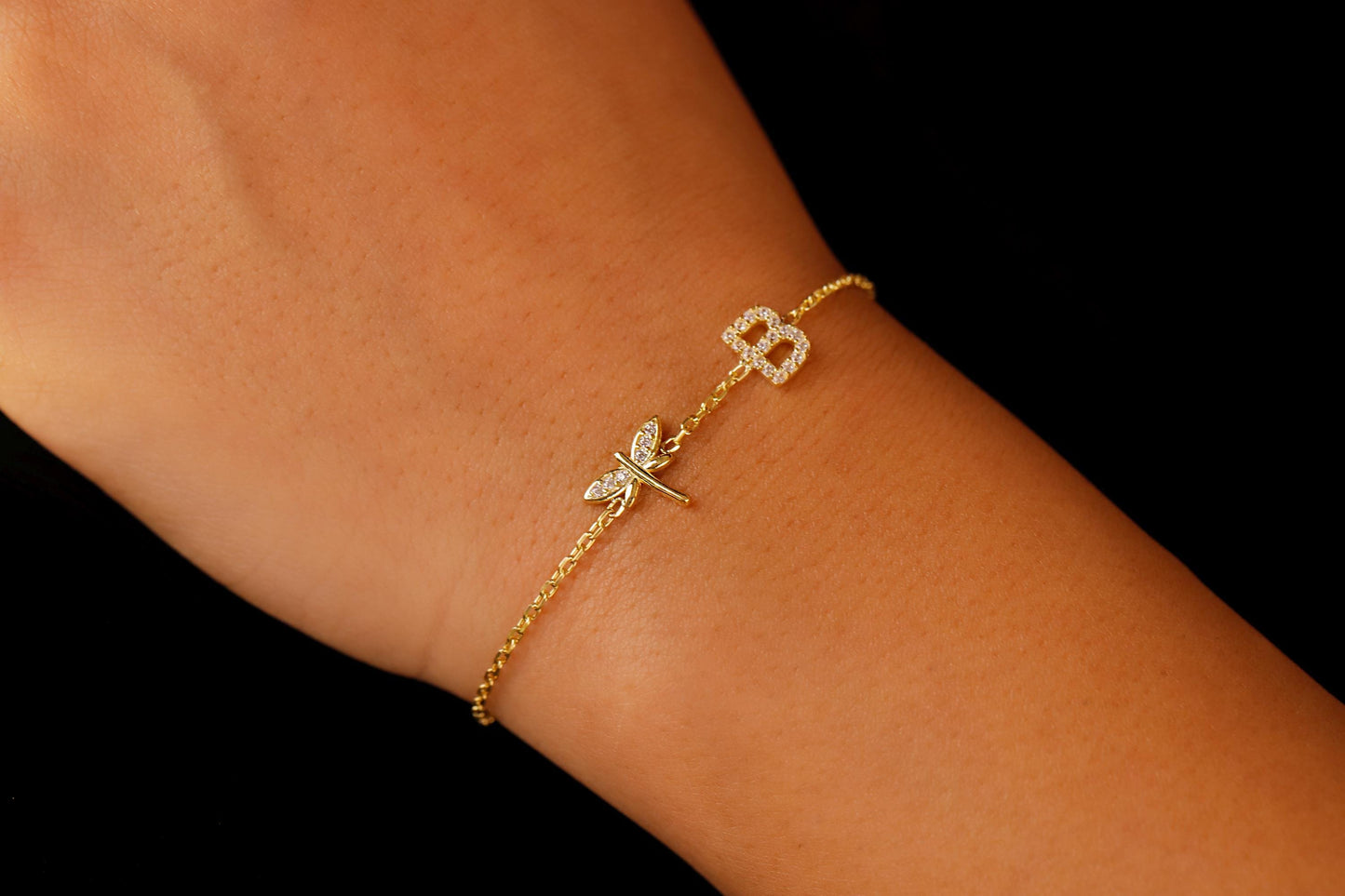 Dragonfly Bracelet with Initial • CZ Dragonfly Jewelry • Initial Bracelet with Infinity Sign • Custom Bracelet • Pave Initial Bracelet - silvergoldandrose