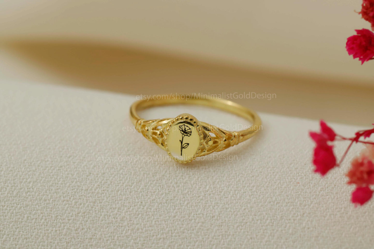 Brand Name Floral Signet Ring - Personalized 18K Gold Filled Birth Flower Ring for Stackable Vintage Style