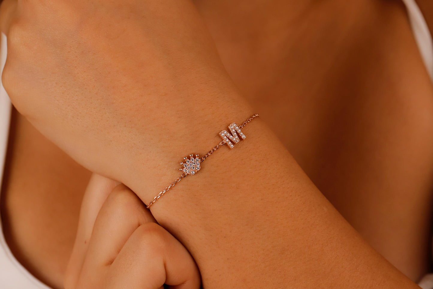 Custom Queen Crown Bracelet with Initial, Pave Initial Bracelet with Crown Charm, CZ Stone Crown and Initial Bracelet, Pave Crown Bracelet