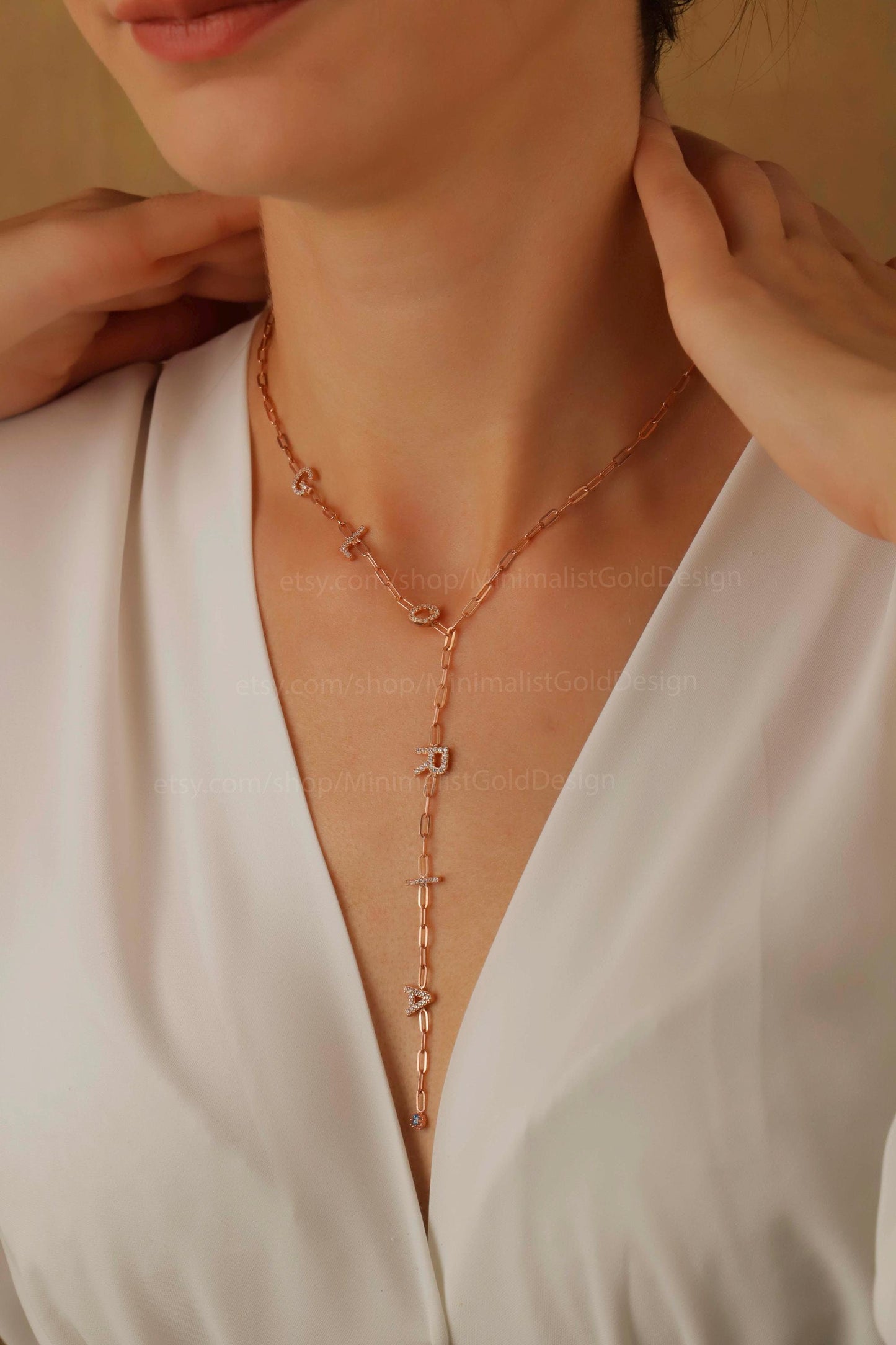 Lariat Y Shaped Necklace • Birth Stone Link Chain Jewelry • CZ Diamond Letter Necklace • Personalized Necklace • Customized Gifts for Her