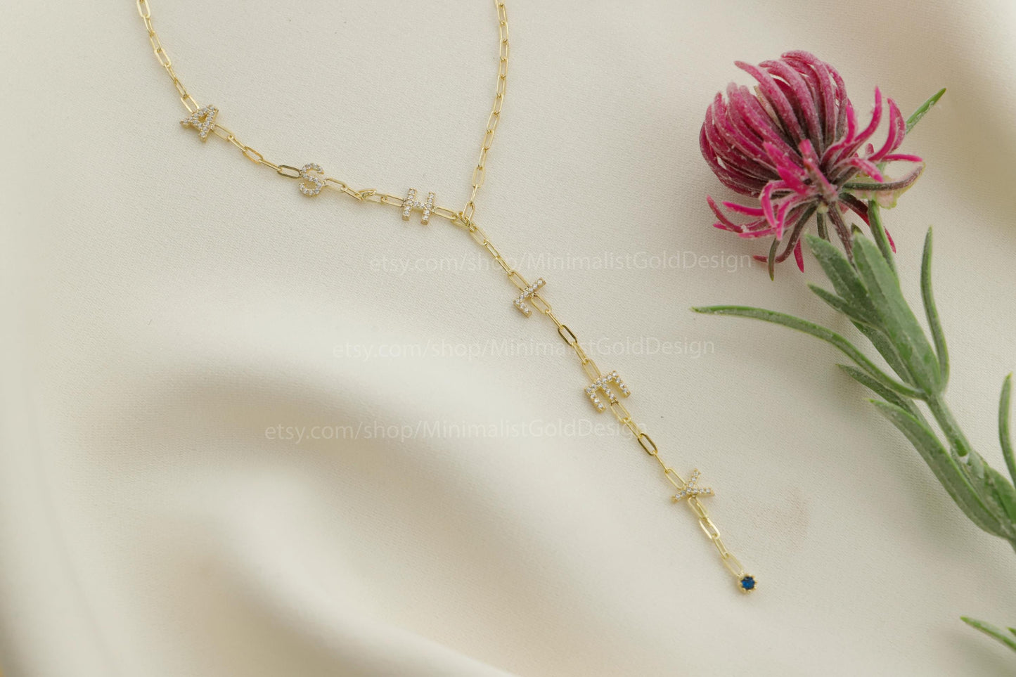 Lariat Y Shaped Necklace • Birth Stone Link Chain Jewelry • CZ Diamond Letter Necklace • Personalized Necklace • Customized Gifts for Her