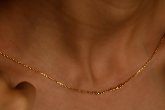 Gold necklace being worn on a person's neck against a brown background