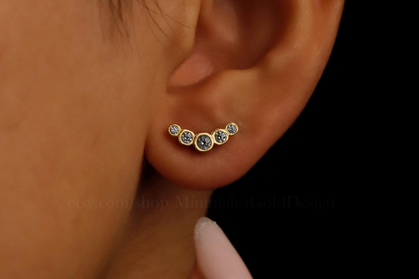 Tiny Climber Flat Back CZ Stud Earrings | 925 Sterling Silver | Five Stone Pave Design | Unique Gift for Her