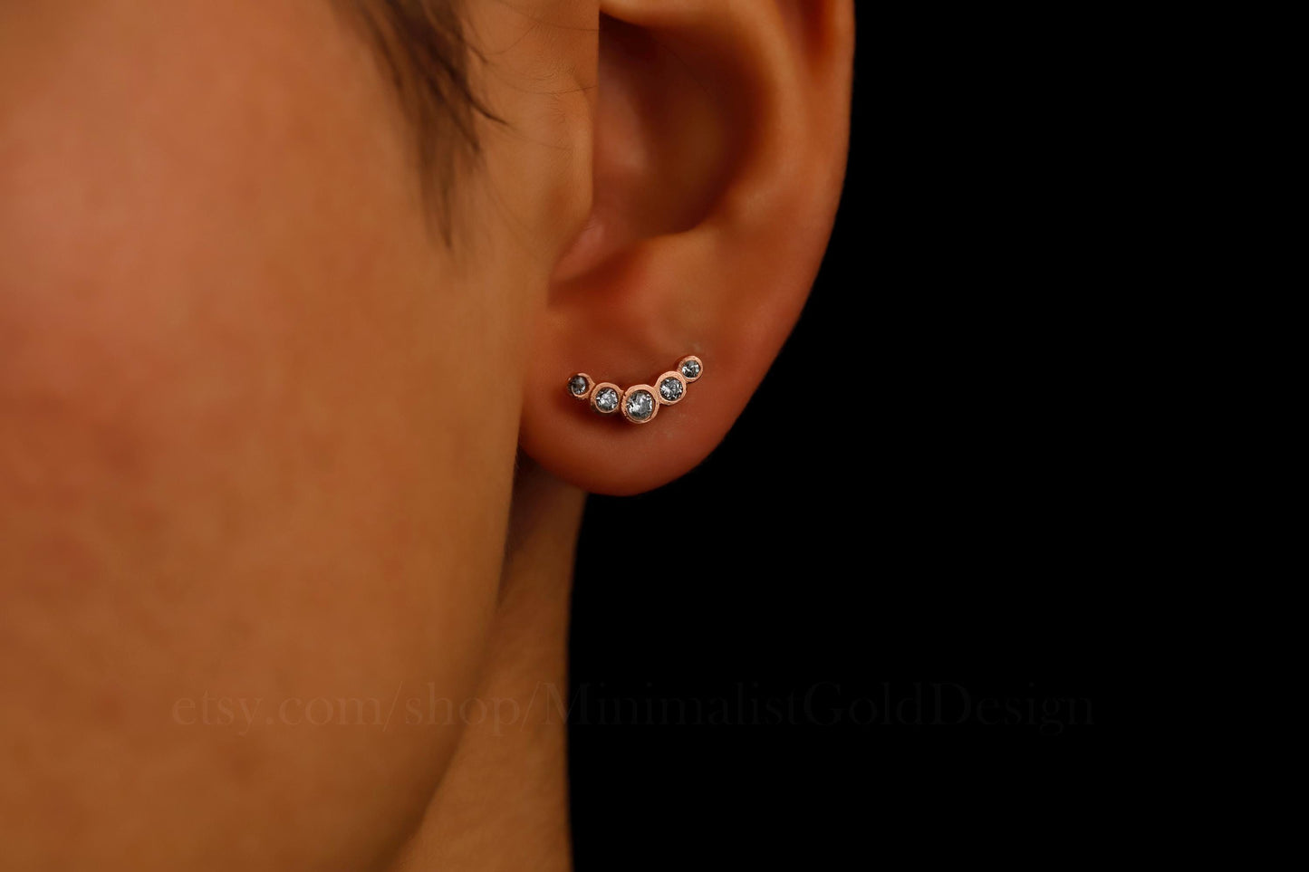 Tiny Climber Flat Back CZ Stud Earrings | 925 Sterling Silver | Five Stone Pave Design | Unique Gift for Her