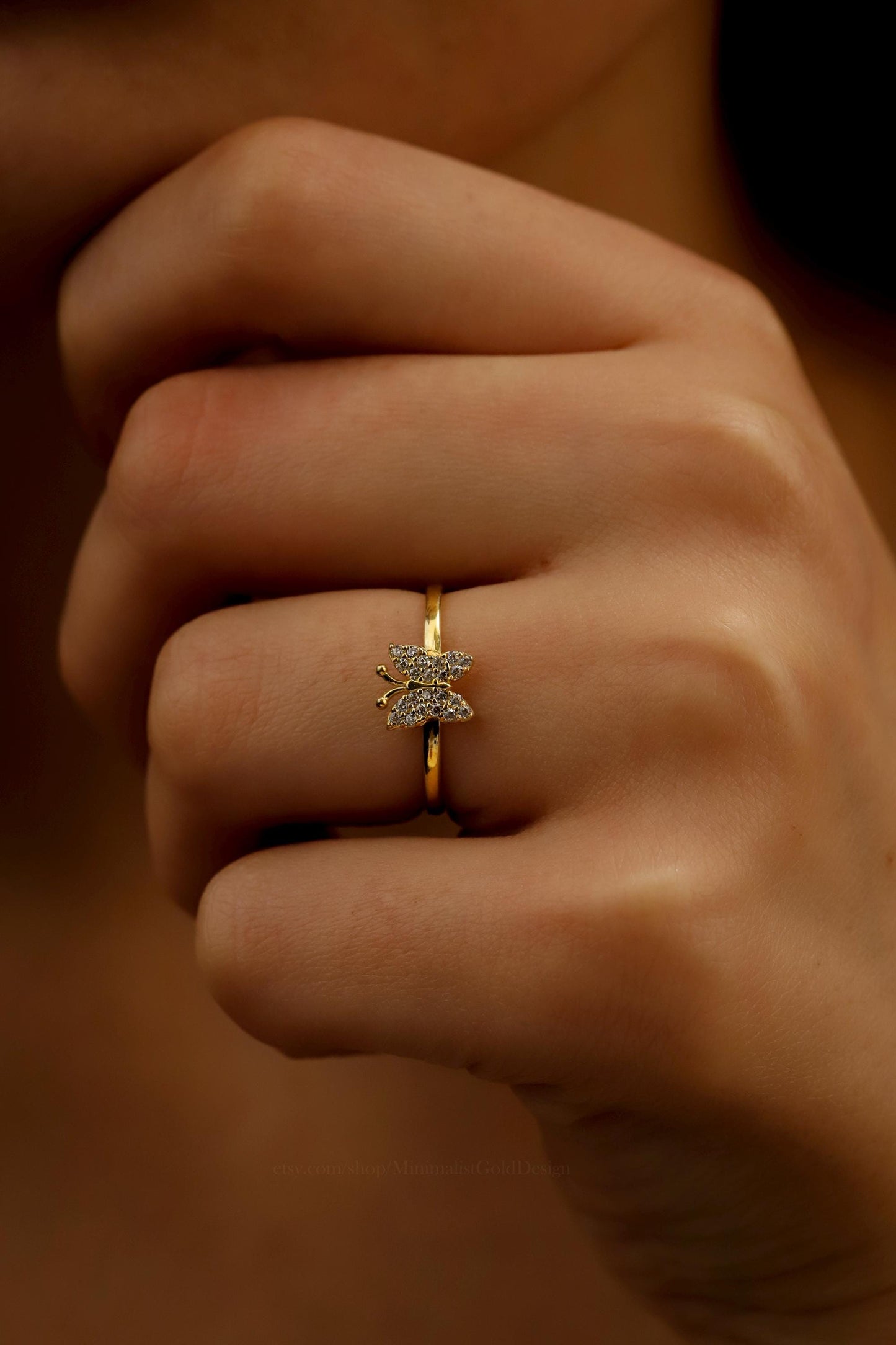 Glimmer & Co. Butterfly Ring - Dainty 18K Gold Filled Minimalist Design with Sparkling Crystal Accents