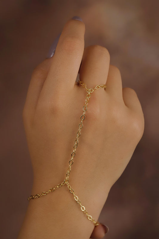 A person wearing a gold hand chain bracelet on their finger, showcasing the jewelry.