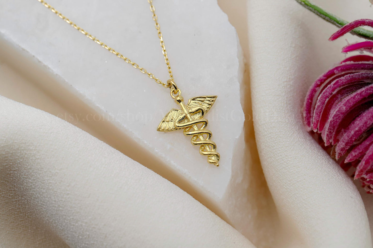 Caduceus Charm Necklace - 14K Gold Filled Medical Symbol Jewelry for Doctors & Nurses - Perfect Gift for Healthcare Heroes