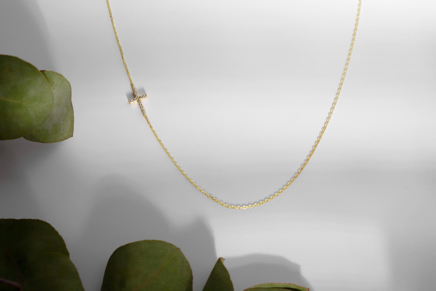 Gold Sideways Cross Necklace • CZ Stone Tiny Pendant Jewelry
