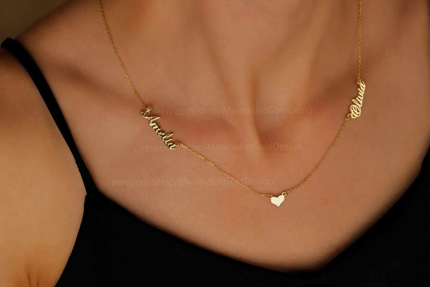 Gold Names And Heart Necklace • Two Names Necklace • Personalized Dainty Special Gifts • Gifts for Her in Gold, Rose and Silver