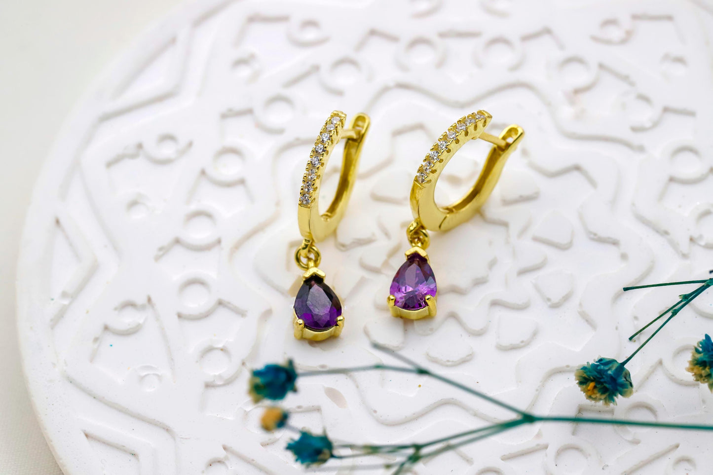 Amethyst Elegance: 14K Gold & Sterling Silver Jewelry Set with Stunning Drop Earrings & Necklace