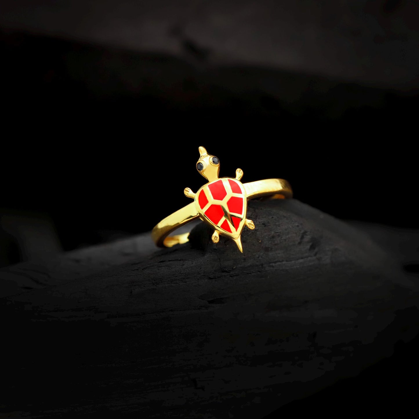 Golden Turtle Ring with Vibrant Red Enamel | Good Luck & Protection Talisman