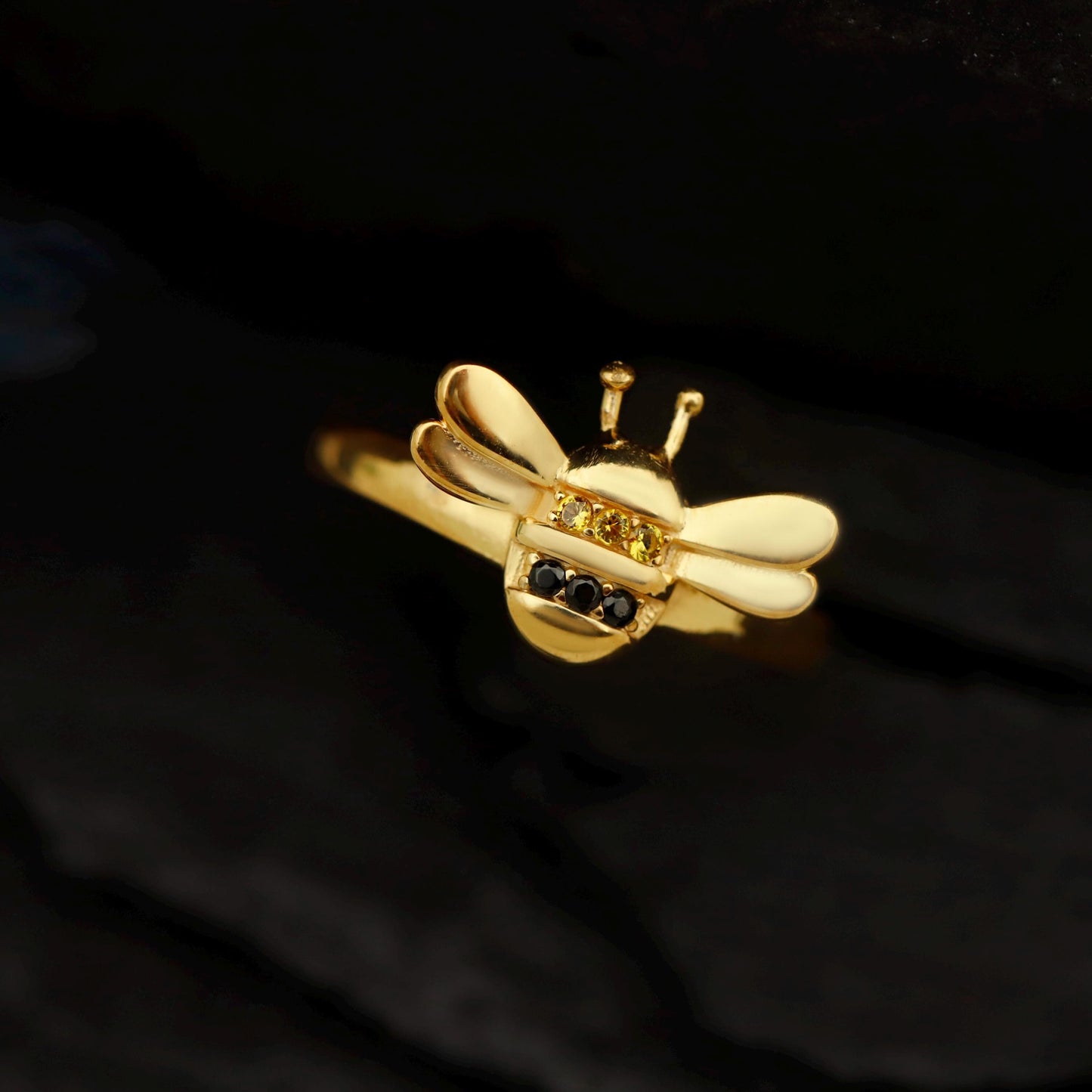 Dainty Gold Honey Bee Ring | Bumblebee Jewelry with Pave Accents