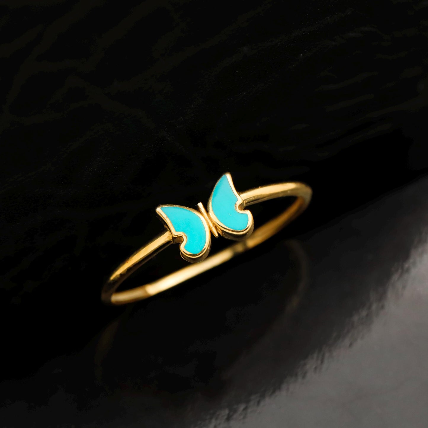 Dainty Turquoise Butterfly Gold Stacking Ring | Minimalist Enamel Statement Jewelry