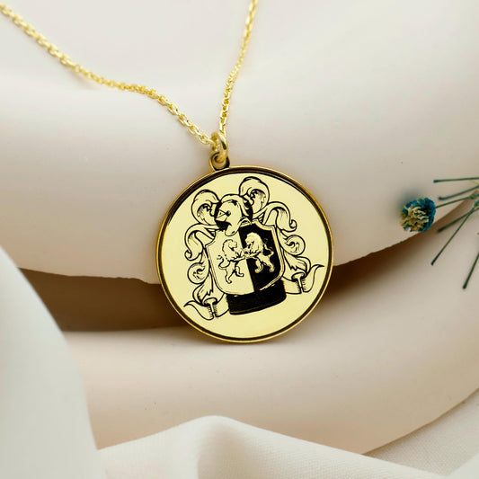 Heraldic Haven Custom Family Crest Necklace - Engraved Personalized Coat of Arms Pendant