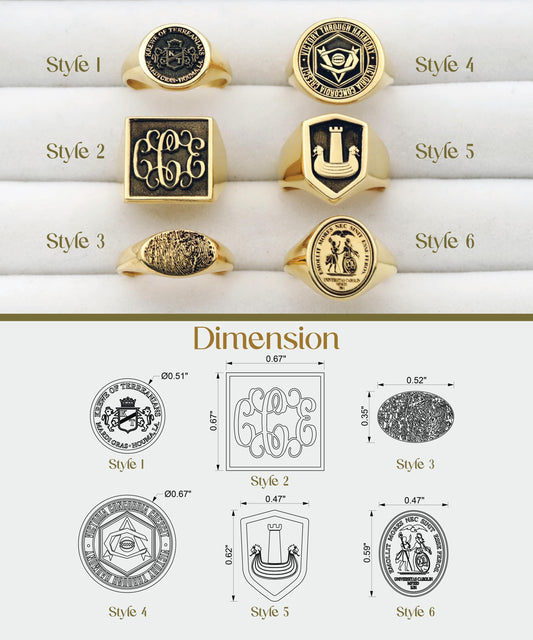 Collection of gold rings with different designs and dimensions on a white background.