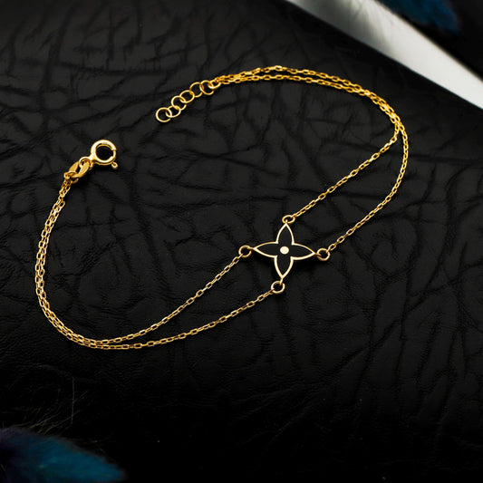 Dainty Quatrefoil Flower Bracelet, Double Chain 14K Gold Filled Gift