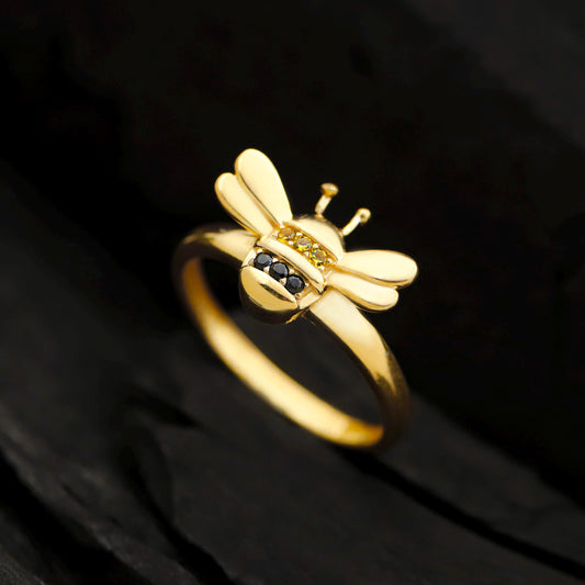Dainty Gold Honey Bee Ring | Bumblebee Jewelry with Pave Accents