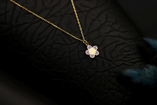 925 Sterling Silver and Gold Enamel Flower Necklace, Purple Daisy Charm Pendant for Her