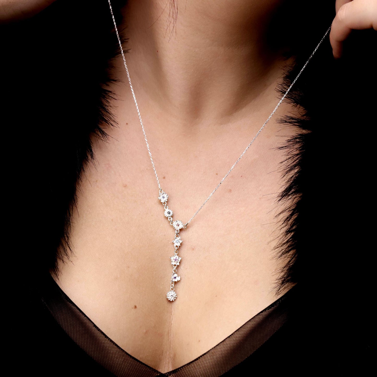 Lariat Birth Flower Necklace: Custom Drop Floral Design in 925 Sterling Silver