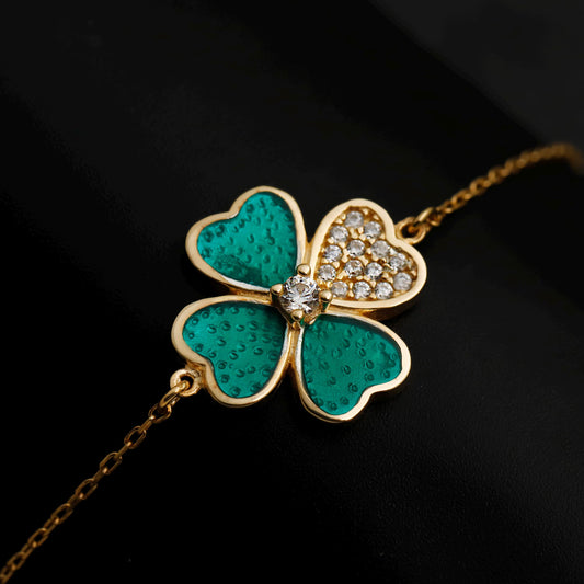 Green Enamel Four-Leaf Clover Bracelet, Sterling Silver, CZ Stones, Lucky Charm Jewelry