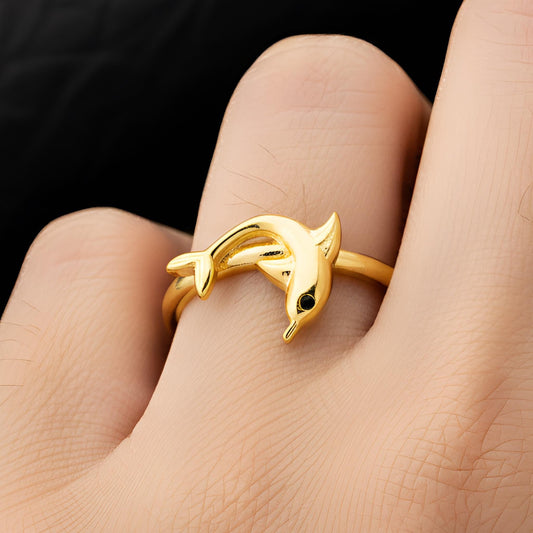 3D Gold Dolphin Ring, 925 Sterling Silver, CZ Diamond Detail, Minimalist Band