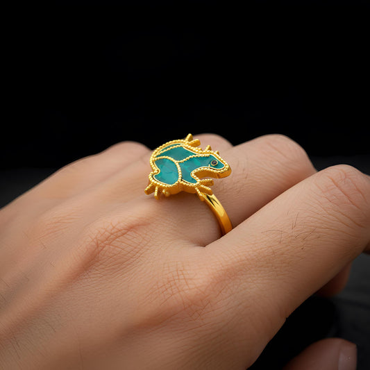 Embroidered Frog Ring, 925 Sterling Silver, Green Enamel, Gold Tone, CZ Stone Detail