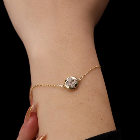 Gold Clover Bracelet, Pave Cz Stones, Sterling Silver Dainty Jewelry