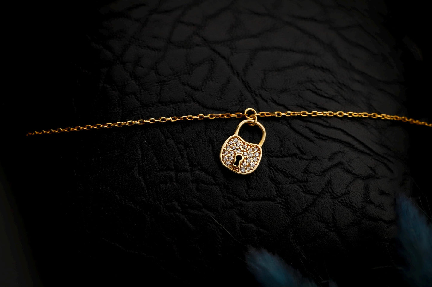 Gold Padlock Anklet, Sterling Silver, Cubic Zirconia Charm, Minimalist Everyday Jewelry