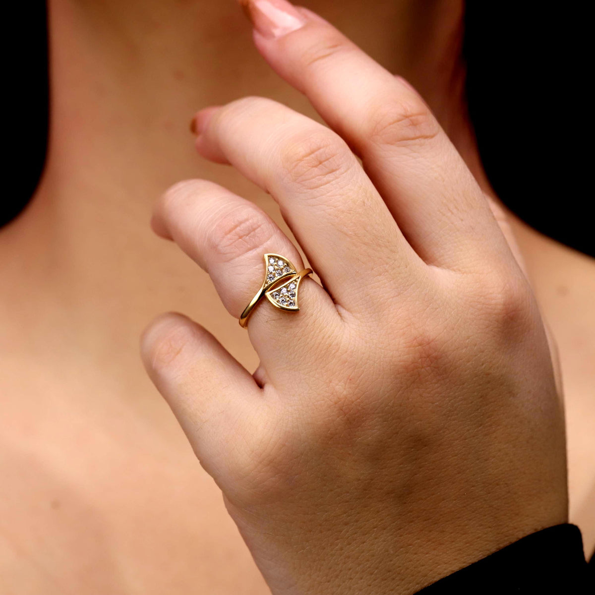 Gold Fan Ring, Sterling Silver, Pave CZ Stones, Elegant Statement Jewelry