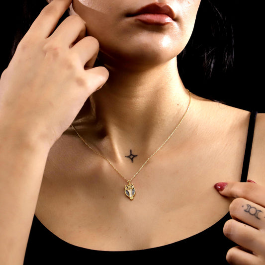 Gold Enamel Owl Necklace, Sterling Silver, Pave CZ Stone, Wise Bird Jewelry