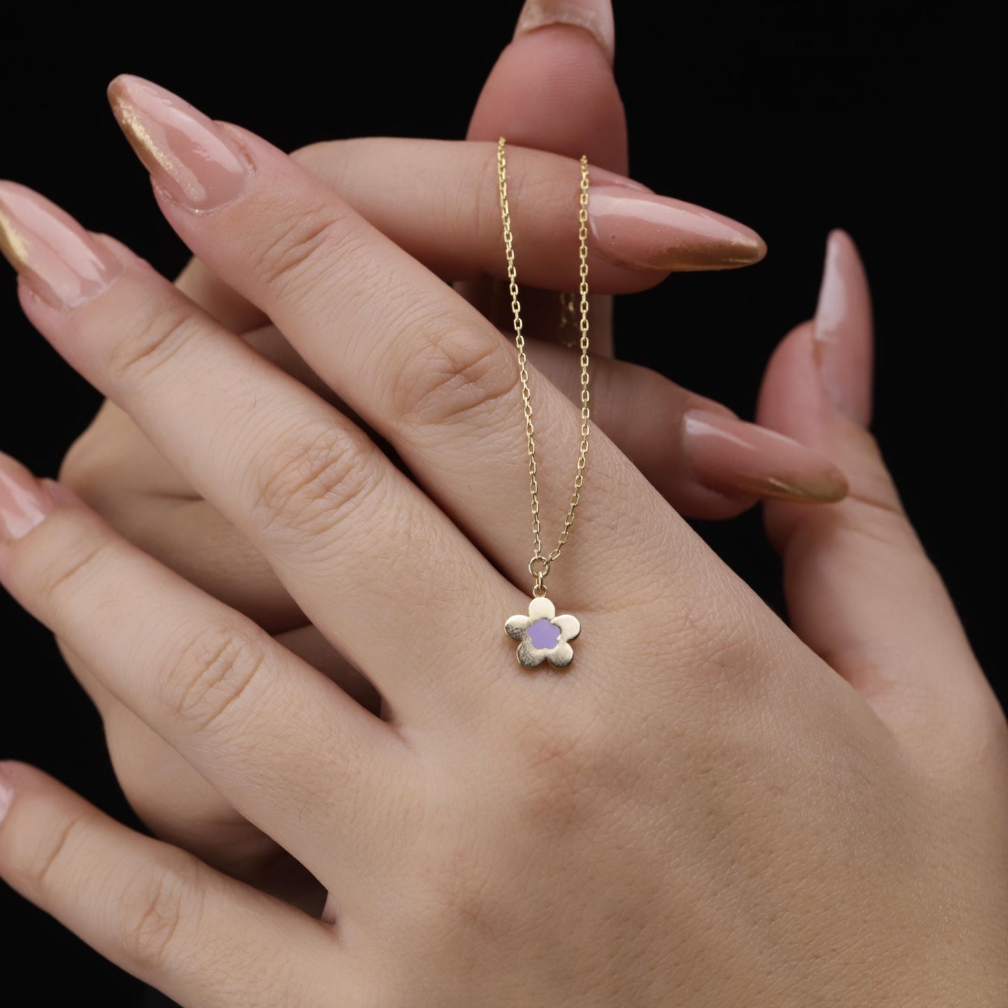 Gold Enamel Flower Necklace, Pastel Pendant, Sterling Silver Base