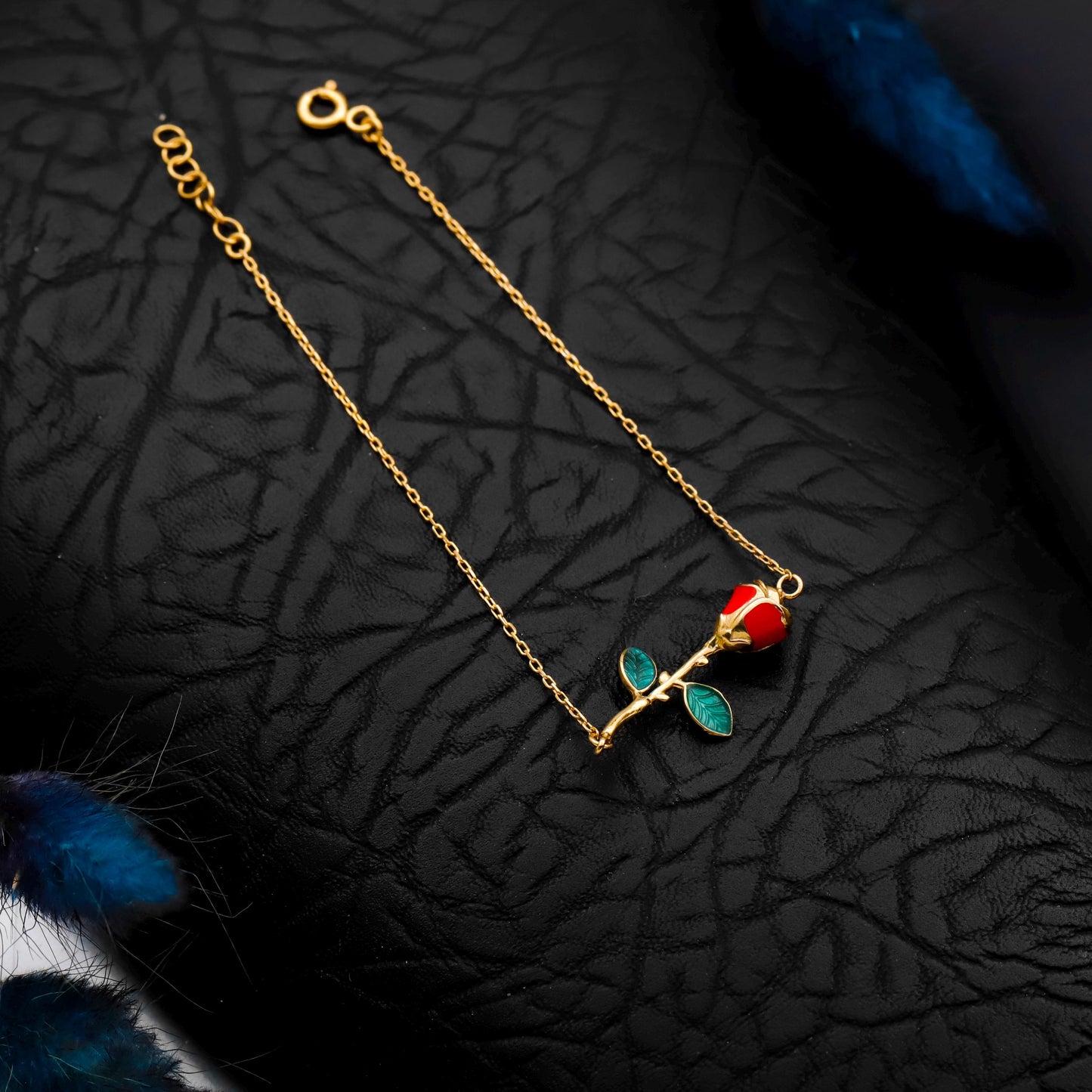Enamel Rose Bracelet, 14K Gold Filled Sterling Silver, Romantic Jewelry