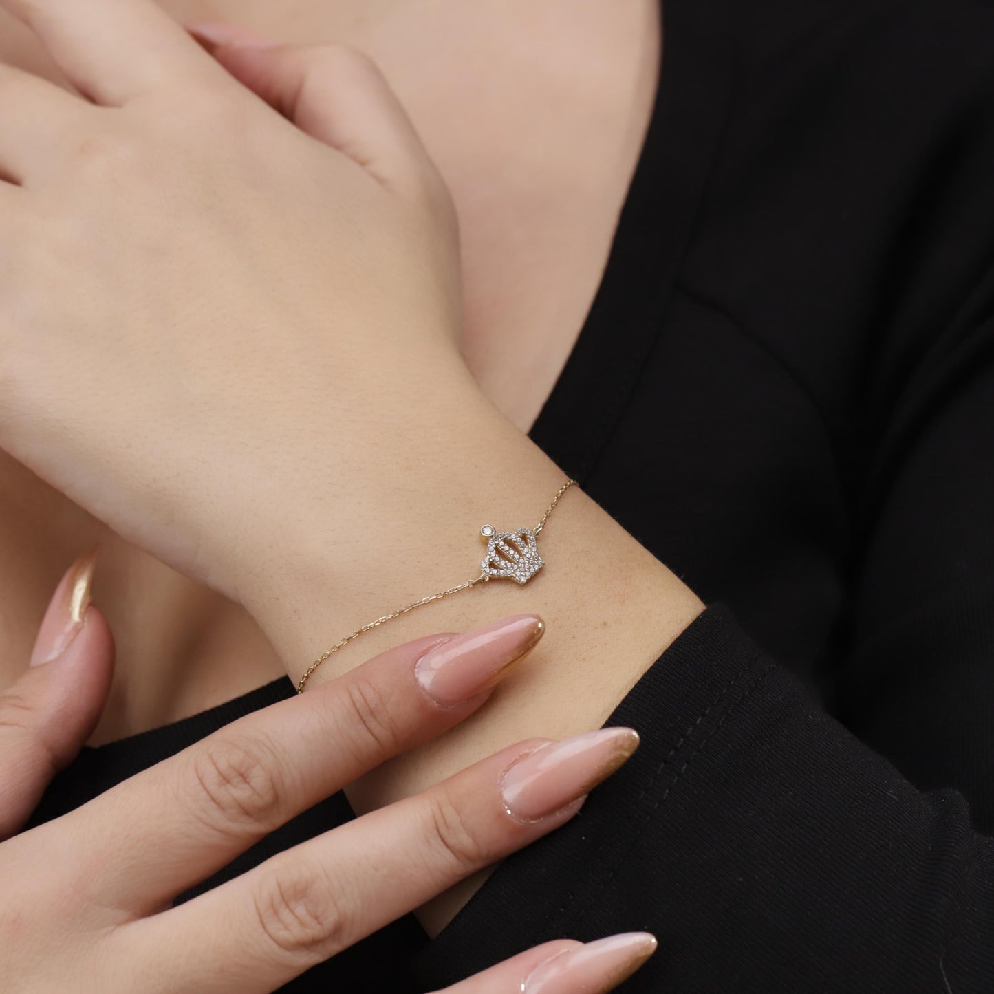 Gold Crown Bracelet, Dainty Pave Sterling Silver Jewelry