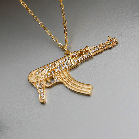 Iced-Out Gold Rifle Necklace, Sterling Silver CZ Pendant, Statement Jewelry