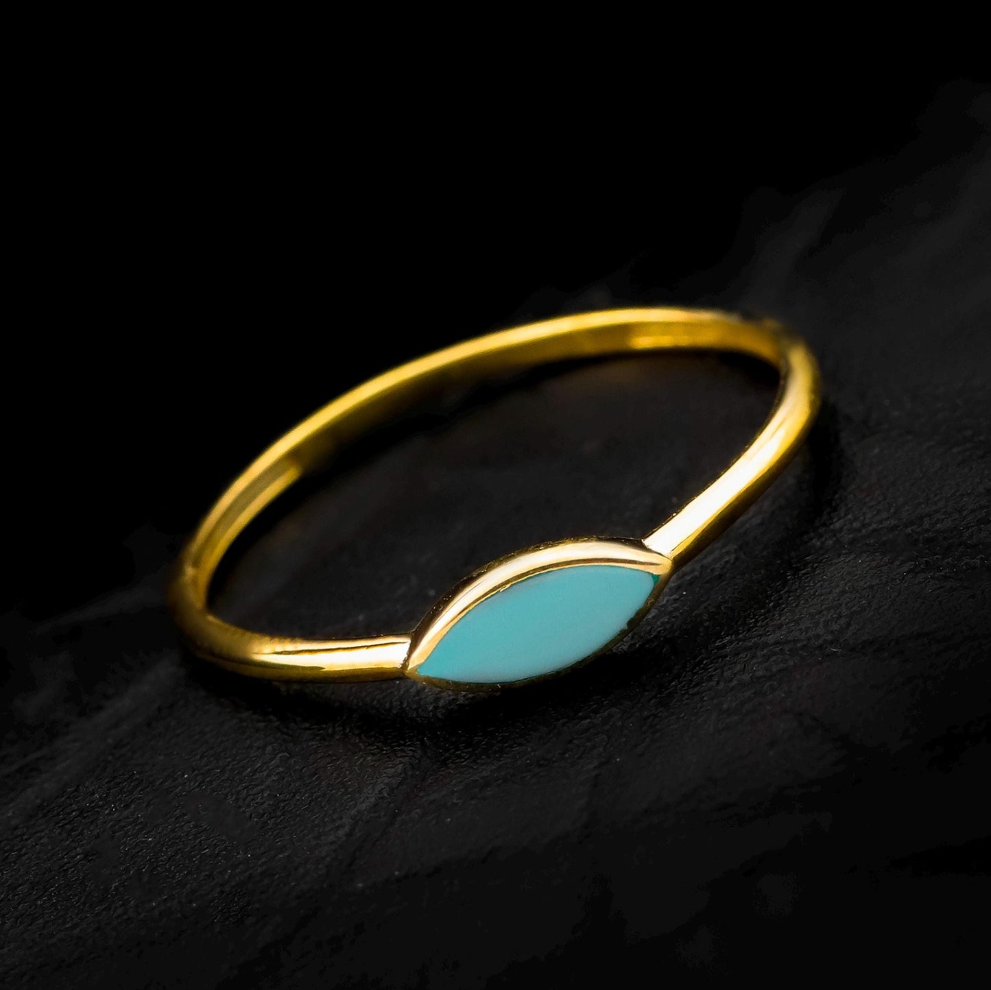 Minimalist Turquoise Enamel Gold Ring, 925 Sterling Silver Band, Teardrop Shape