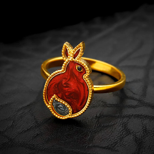 Enamel Rabbit Ring, 925 Sterling Silver, Red Gold Tone Bunny Jewelry