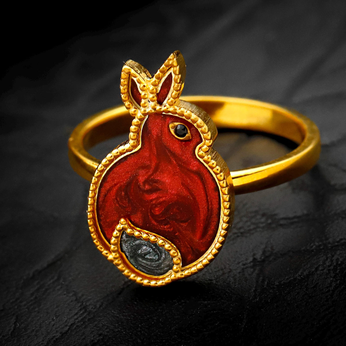 Enamel Rabbit Ring, 925 Sterling Silver, Red Gold Tone Bunny Jewelry