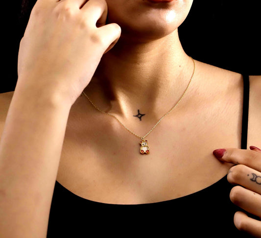 Gold Enamel Teddy Bear Pendant Necklace, Minimalist Jewelry, Gold Plated Silver