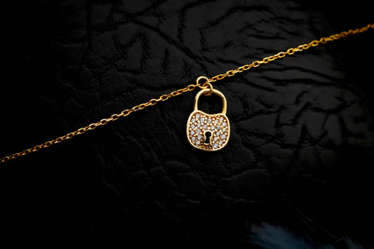 Gold Padlock Anklet, Sterling Silver, Cubic Zirconia Charm, Minimalist Everyday Jewelry