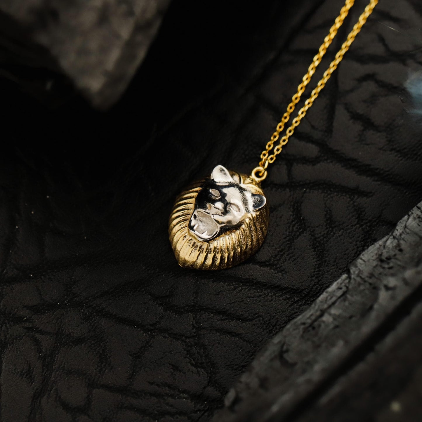3D Gold Lion Head Necklace, Sterling Silver Two-Tone Pendant, Animal King Leo Jewelry