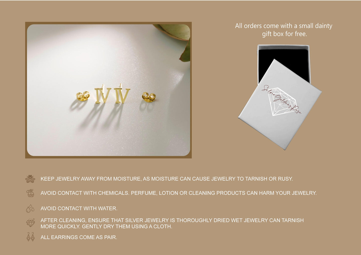 Gold earrings with 'IV' design on a beige background with text about jewelry care.