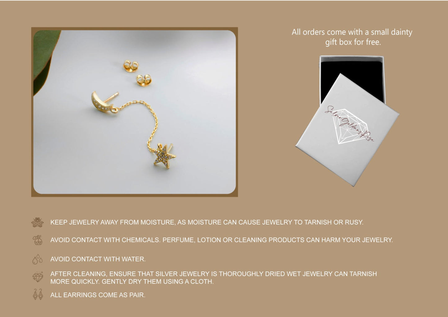 Waterproof Gold Pave Star and Moon Earrings with CZ Diamonds