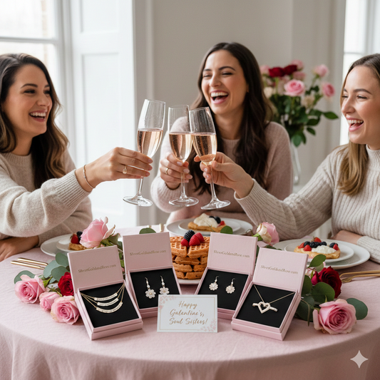 A necklace length chart showing US and European sizes, along with a jewelry care guide and an image of a gift box. A product by SilverGoldandRose.com.