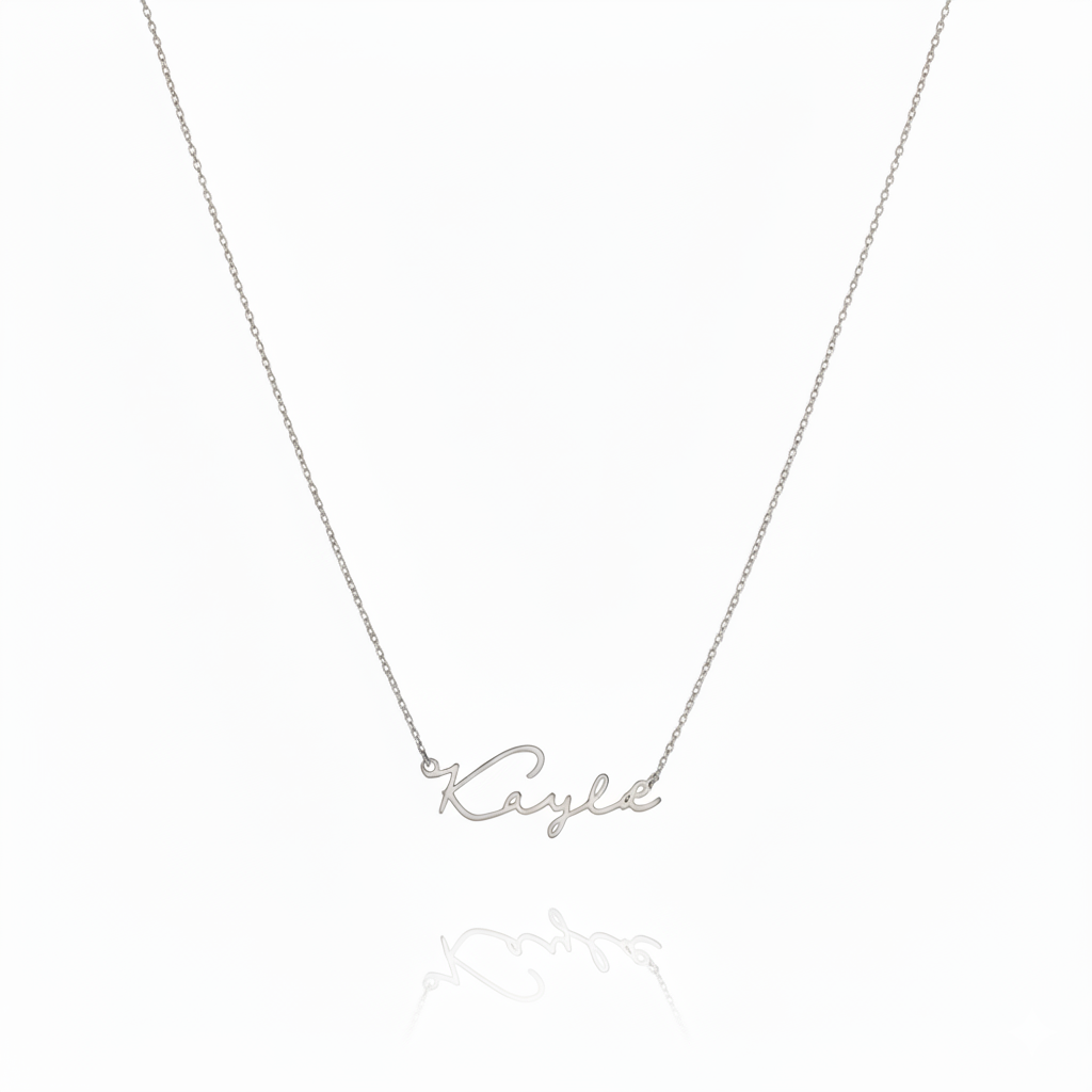 14K White gold necklace with 'Kaylee' pendant on a white background