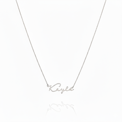 14K White gold necklace with 'Kaylee' pendant on a white background
