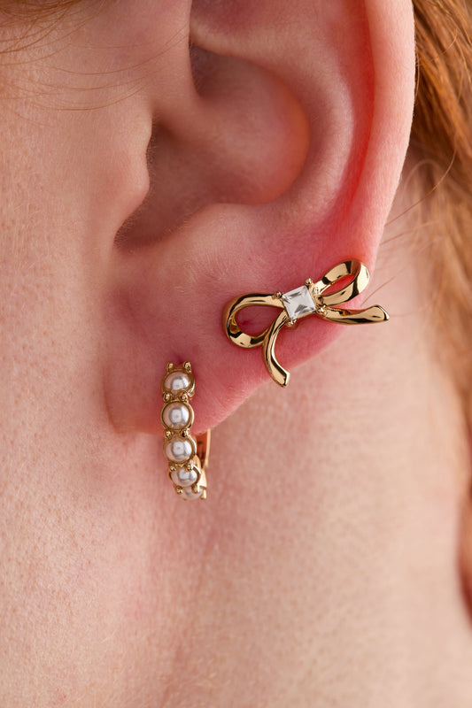 Bow Studs and Pearl Hoop Coquette Earring Set of 2